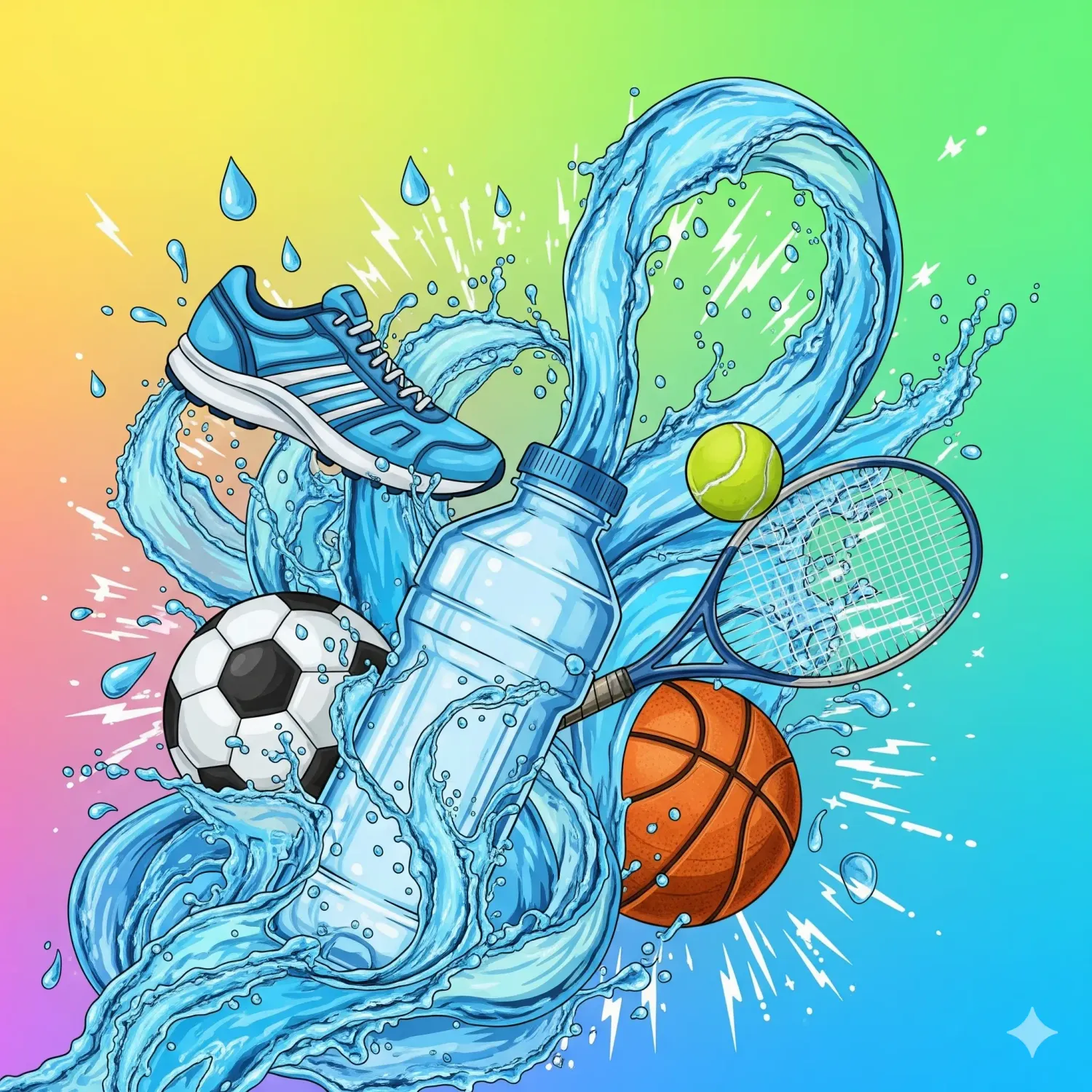 Botella de agua con elementos deportivos.